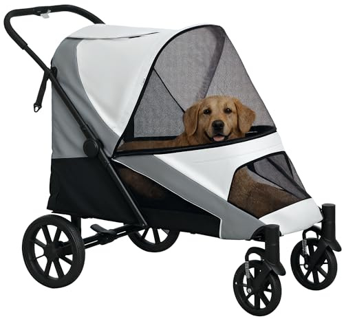 PawHut Passeggino per Cani Taglia Grande Pieghevole con Ruote Rimovibili, Cuscino e Guinzagli di Sicurezza, Passeggino per Animali in Tessuto Oxford e Acciaio con Borsa Portaoggetti, Grigio