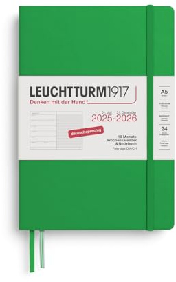 LEUCHTTURM1917 372618 Calendario semanal & cuaderno Mediano (A5) 2026, 18 meses 07.2025-12.2026, Tapa dura,Spring Leaf, Alemán