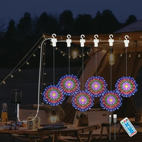 YZYOE 6 paquete led al aire libre luces de fuegos artificiales coloridas del gradiente solar con control remoto, Impermeable Solar & USB alimentado patio luces decorativas, 8 modos.