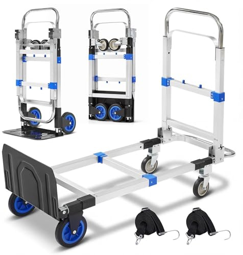 3 in 1 Aluminum Folding Hand Truck Dolly Cart with Wheels 600 Lbs Capacity Collapsible Heavy Duty Convertible Trolley with Retractable Handle for Moving Home Warehouse Office Camping (Blue)