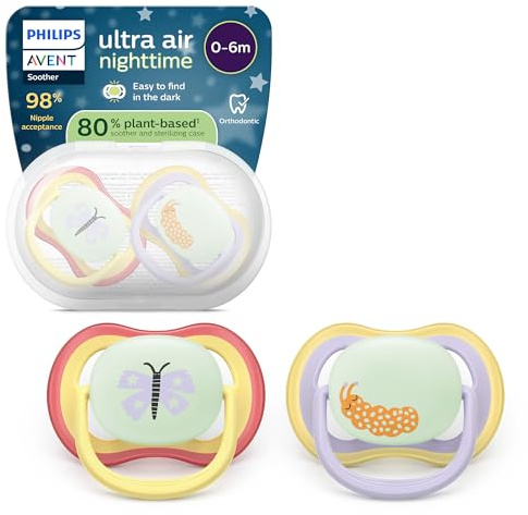 Philips Avent Ultra Air Nighttime Soothers - Orthodontic Design, for Babies 0-6 Months, Glow in The Dark, Soft Silicone Symmetrical Teat, BPA-Free, with Sterilizing Case, 2 Pack, SCF376/25