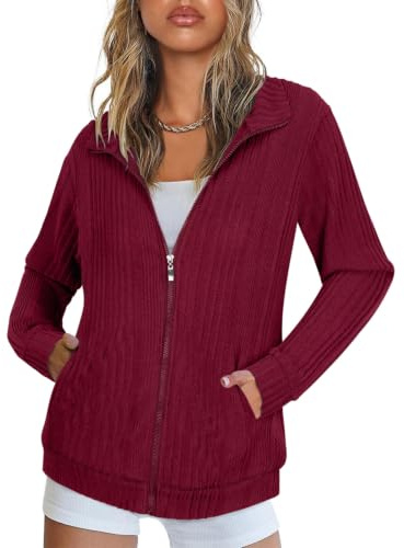 Syphiby Zip Up Cardigans for Womens Ladies Lightweight Sweatshirts Long Sleeve Jumpers for Women Knitted Ribbed Tunic Blouses Womens Spring Autumn Winter Jackets Work Clothes Wine