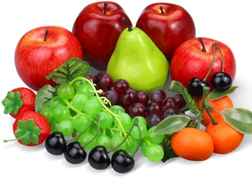 Ikosora 13-Pack Artificial Fruit Set, Realistic Fake Fruits for Home Kitchen Decor, Party Wedding Table Centerpieces - Lifelike Foam Apples, Grapes, Strawberry Oranges, Pears, Cherry