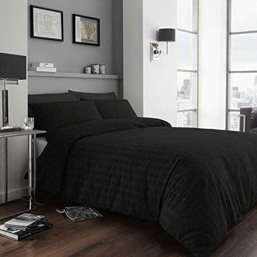 RAYYAN LINEN Seersucker Luxury Duvet Cover Bedding Set with Pillow Cases Ruffled Seersucker Texture (Black, Double)