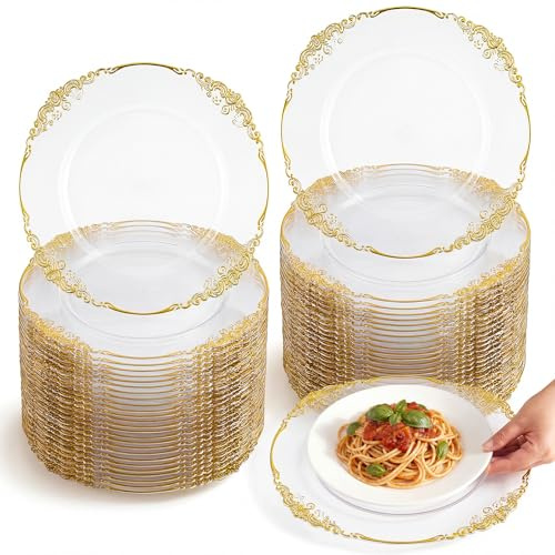 Havawish 50 Pcs 13 Inch Clear Gold Baroque Charger Plates Bulk Sturdy Acrylic Dinner Plates with Elegant Embossed Edge for Wedding, Banquet, Party Decor and Table Setting