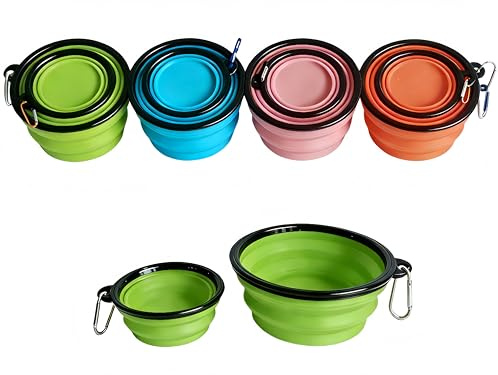 RQzaufania Cuencos plegables para perros con mosquetón, el borde moldeado de una pieza evita el plegado. 2 paquetes de comida de viaje y cuencos de agua para perros (verde, 350 ml + 1000 ml)