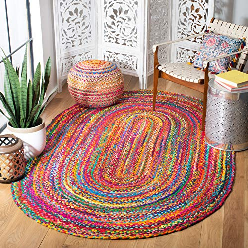 SAFAVIEH Braided Collection Area Rug - 4' x 6' Oval, Red & Multi, Handmade Woven Cotton, Boho Reversible Style, Ideal for Living Room, Bedroom (BRD210A)