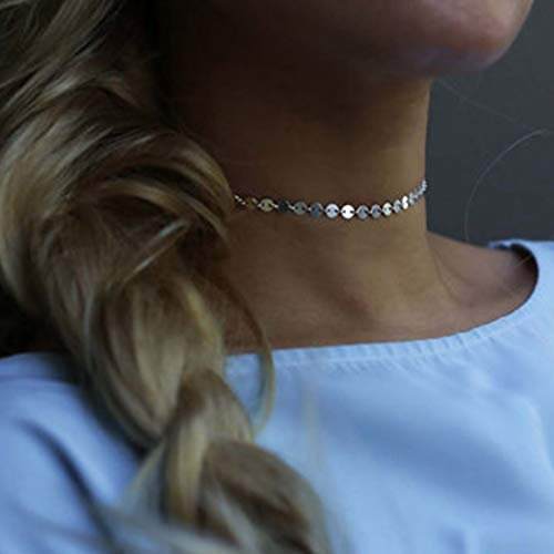 TseenYi Pailletten-Halskette, Choker, kleine Silberscheiben, Münzen, Kette, kurze Boho-Schlüsselbein-Halskette, Schmuck für Damen und Mädchen (Silber)