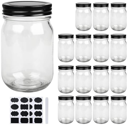 QAPPDA 16 oz Glass Jars With Lids, Wide Mouth Mason Jars,Glass Storage Jars For Food,Canning Jars For Pickles,Herb,Jelly,Jams,Honey,Kitchen Canisters Dishware Safe 16 Pack