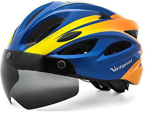 Victgoal Adults Bike Helmet for Men Women Detachable Magnetic Goggle Visor Bicycle Helmet with LED Rear Light Cycling Road Mountain Cycle Helmet (Blue Orange)