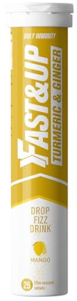 FAST&UP Turmeric & Ginger Effervescent Tablets, Natural Curcumin Super Herbs with Zinc, Black Pepper & Ginger Extract, 25 Count, Mango Flavour