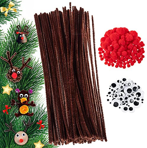 FUKPO 350 Stück Weihnachten Pfeifenreiniger Set mit Pfeifenputzer Braun Chenilledraht, Kulleraugen Wackelaugen Selbstklebend Bastelaugen, Rot Pompons