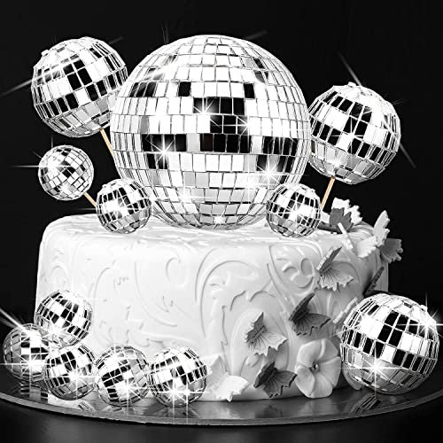 Morofme Disco Mirror Ball 12pcs Disco Ball Cake Cupcake Toppers Picks 70s Disco Cake Centerpiece Silver Shiny Disco Ball for Saturday Night Dance Wedding Birthday Party Decoration, (2053)
