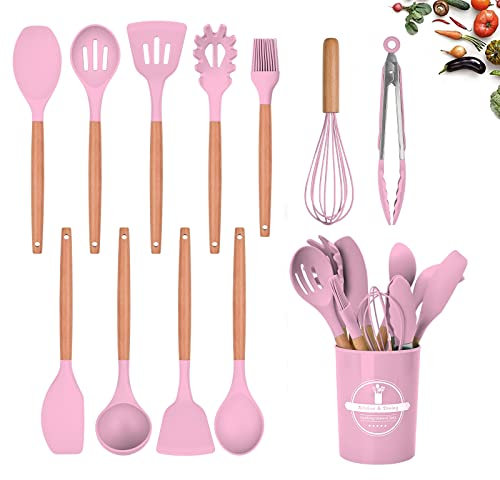 HYTTER Lot de 12 ustensiles de cuisine en silicone avec poignée en bois, résistants à la chaleur, antiadhésifs, spatule, cuillère, passe au lave-vaisselle, meilleurs outils de cuisine (Couleur rose)