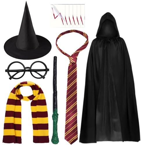 Kavoc Wizard World - Costume per cosplay, sciarpa a righe rosse e gialle, papillon, cappello da strega, occhiali neri, mantello per la Giornata mondiale del libro, forniture per vestire (S)