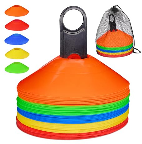 Relaxdays 50 Conos Entrenamiento, Chinos Fútbol, Setas Entrenar Deportes, PE, Soporte y Bolsa, 5 x 19 cm, Multicolor