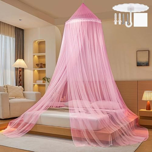 Moustiquaire de Lit,Ciel de Lit Grande Moustiquaire Dôme Polyester pour Lit Double et Simple,Mailles Fines Baldaquin avec Adhésif Vis Crochet pour Voyage et Maison Jardin,Rose 60x250x1100cm