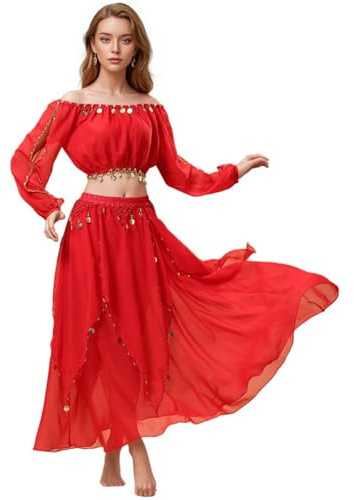 Baisdan Conjunto de disfraz de danza del vientre para mujer, ombliguera con falda de gasa para danza del vientre, trajes de carnaval, color rojo