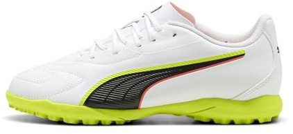 PUMA Unisex Niño King 20 Play TT Jr Zapato de Fútbol, Alerta Blanca, Rojo, Amarillo, 28 EU, Puma Alerta Blanca Rojo Amarillo, 28 EU