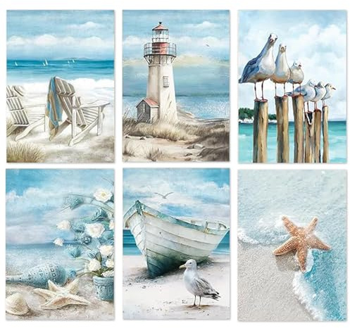 SASMoiyug 6 Stück Malen nach Zahlen Erwachsene, DIY am Meer Sandstrand Malen nach Zahlen Set Mit 6 Pinseln und Acrylfarbe Handgemalt Landschaft am Meer malen nach zahlen Ohne Rahmen Kit 25 X 35 CM