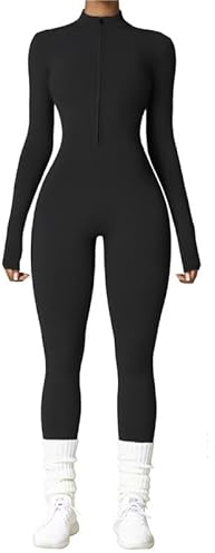 Vmhkjo Jumpsuit Women's Long Tight Thermal Long Sleeve Zip Jumpsuit One-Piece Yoga Bodycon Bodysuit Slim Fit Warm Lined Full Body Suit, black, S