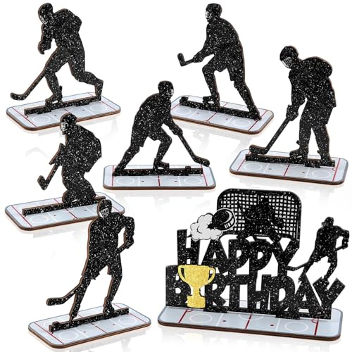 APUDWN 7 Pcs Hockey Party Decorations, Hockey Happy Birthday Wooden Table Signs, Glitter Ice Player Silhouette Centerpieces with Bases for Lovers Boys Girls Club Birthday Party Supplies Gifts