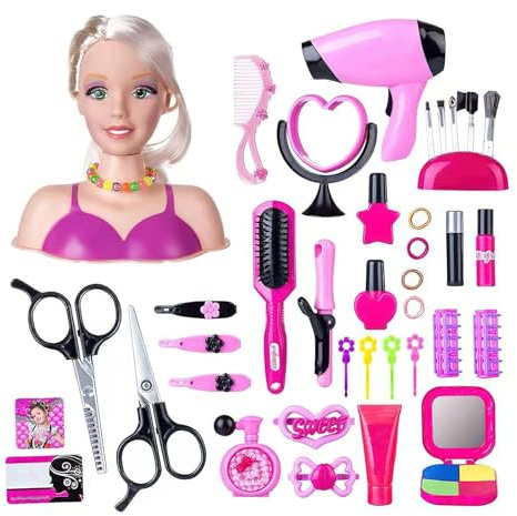 JOPWUE 35PCS Makeup Hairdressing Doll Styling Head Toy,Kid Play Makeup and Hair Dressing Heads Toy Set,for 3 4 5 6 7 Years Old Girls Beauty Set Play Role Toys Christmas and Birthday Gift ﻿ (40 PCS)