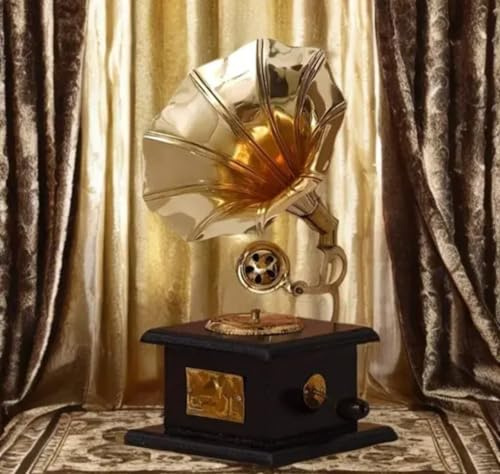 Tocadiscos de gramófono vintage, bocina de metal dorado, base de madera negra, caja de música decorativa de estilo antiguo