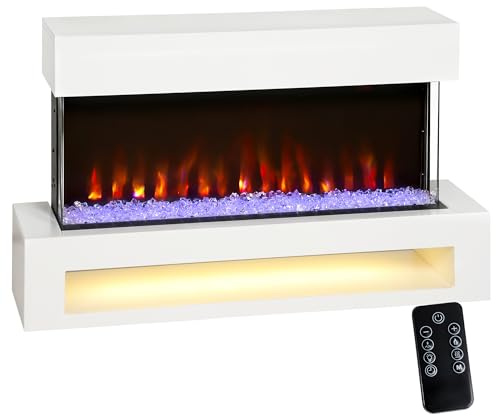 HOMCOM Caminetto elettrico con riscaldamento, caminetto elettrico da parete con effetto fiamma a 11 colori, 10 colori di cristallo, in piedi da 2000W decorativo con ripiano,