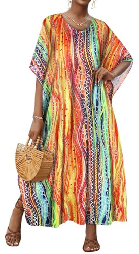 JILUVIN Kaftan Dresses for Women Plus Size V Neck Caftan Batwing Sleeve Long Swimsuit Cover Up Beach Swimwear 2026 (Colorful Circular Stripes,One Size)