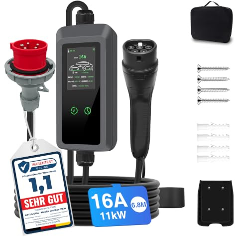 BETUMODA Mobile Wallbox 11kW, 6.8m, 3-phasig, 8–16A, mit Einstellbarer Ladeleistung, IP65 wasserdicht – Tragbares EV-Ladegerät für Model Y/3, ID.3/4/5, MG4, EX30, und alle Elektroautos & PHEV