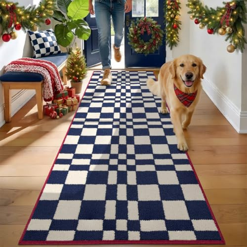 Biscpro Checkered Grid Dirt Trapper Indoor Doormat,60x180cm Blue Door mat | Welcome Door mat,Non Slip Door Mats Indoor,Washable and Absorbent Low-Profile Entryway Rug for Hallways,Kitchen,Laundry