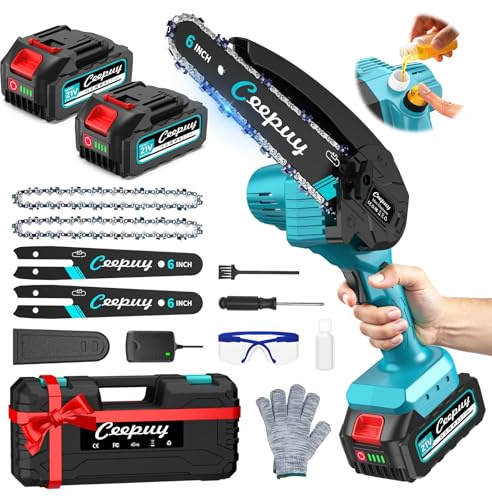 Mini Motosierra Batería 6 Pulgadas 2×4000mAh, Sierra Eléctrica Inalámbrica con Depósito de Aceite, Portátil para Podar Jardinería y Árboles