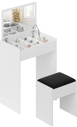 HOMCOM Postazione Trucco con Specchio Richiudibile, Toeletta Trucco Moderno, con Sgabello, Vano Contenitore a 10 Scomparti, MDF Bianco, 60.2 x 40.2 x 79cm