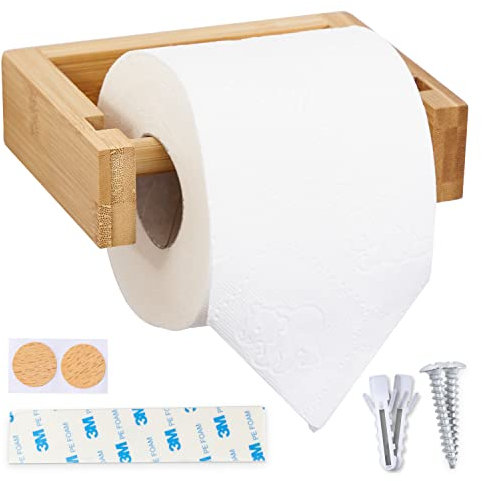 HENNEZ Porte-rouleau de papier toilette adhésif mural en bambou - sans perçage porte-rouleau en papier toilette porte-rouleau papier toilette pour escorte accessoires salle de bains bois porte papier