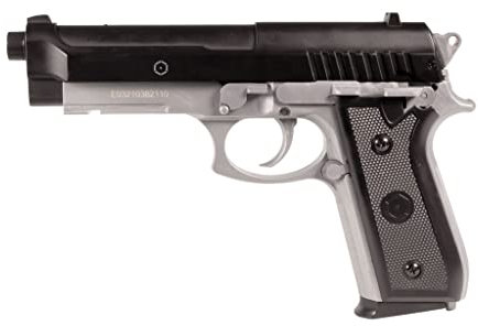Cybergun Pistola Airsoft- PT92 Bicolore Modello a Molla-Ref.210125-Colore:Nero/Argento-Metallo sparato-Potenza 0,5 Joule