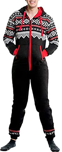 Herren Einteiler Weihnachten Schlafanzug Schlafoverall Overall Teddy Fleece Einteiler Onesie Schlafanzug Kuschelig Lang Pyjama Flauschig Weich Hausanzug Schlafoverall mit Kapuze