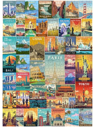 Vintage World Travel Puzzles for Adults 1000 Piece, Colosseum Eiffel Tower Landscape Poster Puzzle Landmarks, Scenic Jigsaw Puzzles for Adults Paris Italy Scenery