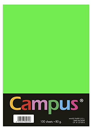 Campus - Papel A4 de Colores 100 Unidades, 80g/m², 210 x 297 mm. Papeles Con Tacto Suave Para Encuadernación, Oficina, Dibujo y Manualidades. Verde Neón