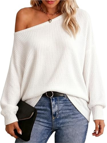 Dressmine Off The Shoulder Jumper White t Shirt Women Oversized Long Sleeve Tops Waffle Knit Sweatshirt Loose Y2k Spring Clothes Size 14