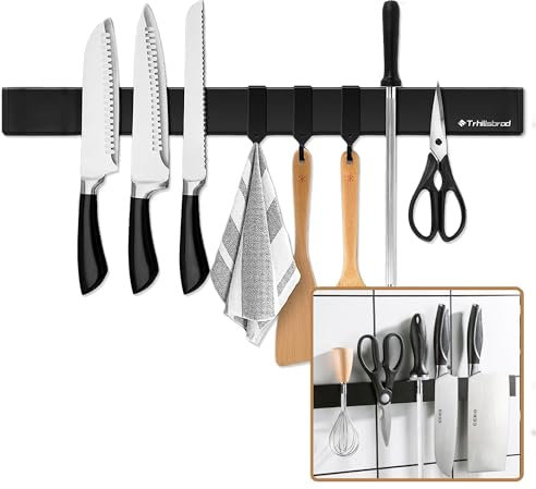 [Verbesserte 50cm]Trhillsbrad Magnetleiste Messer, 50cm Messerhalter Magnetisch mit 3 Haken Edelstahl Messerleiste Selbstklebend, Schwarz Wandhalterung Magnetleiste Ohne Bohren Messerhalter