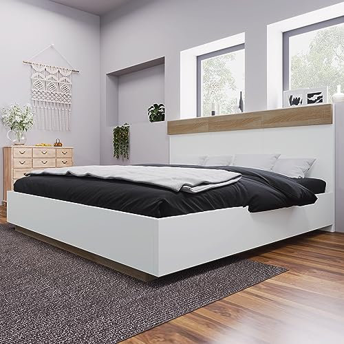 Merax Holzbett Doppelbett, Bettrahmen aus Holz mit Kopfteil und Lattenrost, 140 x 200 cm, Modern Schwebebett, Futonbett, Bett für Erwachsene & Jugend, Schlafzimmermöbel, Weiß & Eiche Sonoma