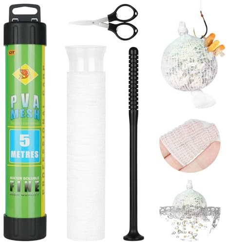 OFFCUP Juego de Pesca de Red PVA de 5M 25MM Pesca de Cebo de Malla Bolsas de PVA con Tijeras Agua de Recarga Rápida Soluble Red Estrecha Alimentador De Pesca De Cebo émbolo Anzuelo Accesorio