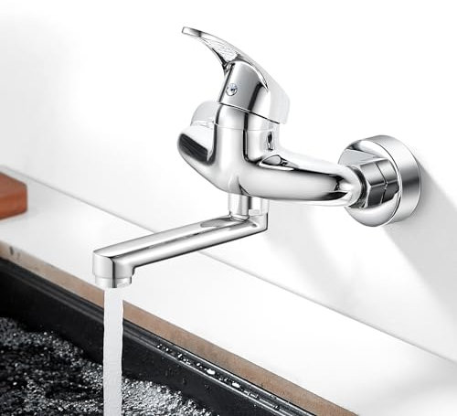 Bevankly Küchenarmatur, 360° drehbar, Mischbatterie, warmes und kaltes Wasser, drehbares Rohr 150 mm, verchromt, Wandmontage, aus Messing