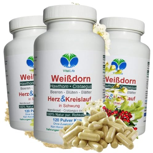 WEISSDORN Weißdorn HERZ-KREISLAUF 1080 Kapseln 3x360 HERZKRAUT NATUR pur Weißdornbeeren & Weißdornblätter & Weißdornblüten. OHNE ZUSATZSTOFFE. 27100-7