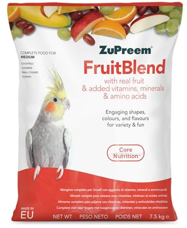Zupreem Multifruktmat för sällskapsfåglar - frukt och vitaminer - fågelfoder, lämplig för kärleksfåglar, NINFA-kakaduor, argentinska kvastar och andra medelstora fåglar - 7,5 kg
