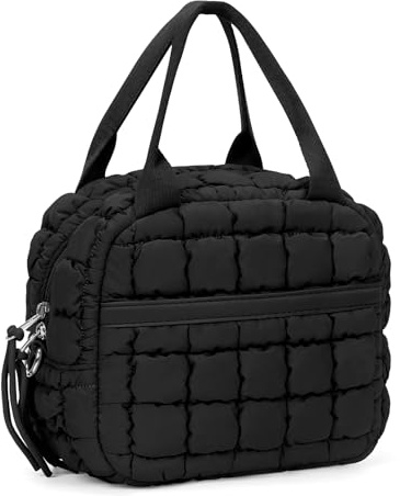 Cute Lunch Box for Women Quilted Lunch Tote Bag Puffer Lunch Bag with Front Pocket Insulated Lunch Bag for Office Work, Black