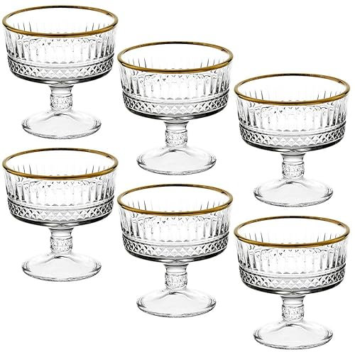 Queensway Home & Dining Footed Ice Cream Bowls – Elegant Glass Dessert Cups with Hand-Finished Gold Rim for Ice Cream, Sorbet, and Parfaits (Set of 6)
