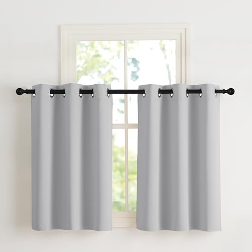 Nicetown Köksgardiner set om 2 stycken H 90 x B 107 cm, fönstergardiner, ogenomskinliga gardiner, korta fönster, gardiner, ljusgrå, mörkläggningsgardiner med öljetter, kort gardin, moderna termiska