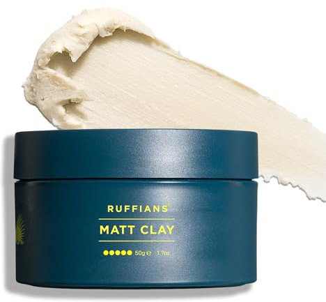 Ruffians Matt Hair Clay, Strong Hold, Matt Finish, for All Hair Types, Thicker Looking Hair, Haircare, Men's Hair Gel, 50g
